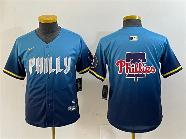 Youth Philadelphia Phillies Team Big Logo Blue 2024 City Connect Limited Stitched Baseball Jersey Youth Philadelphia Phillies Team Big Logo Blue 2024 City Connect Limited Stitched Baseball Jersey